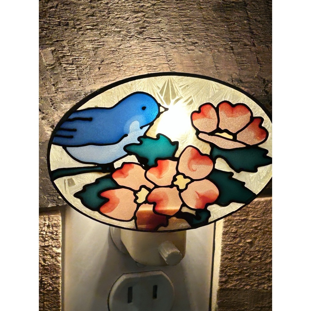 Stained Glass Blue Bird And Flowers Plug-In Nightlight Tested VTG